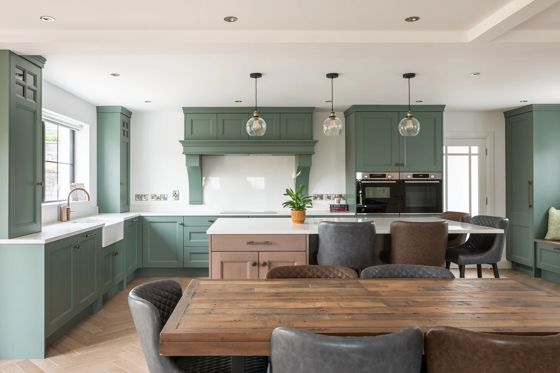 Green Kitchen with Smoked Oak Wood Finish Island Doran Kitchens