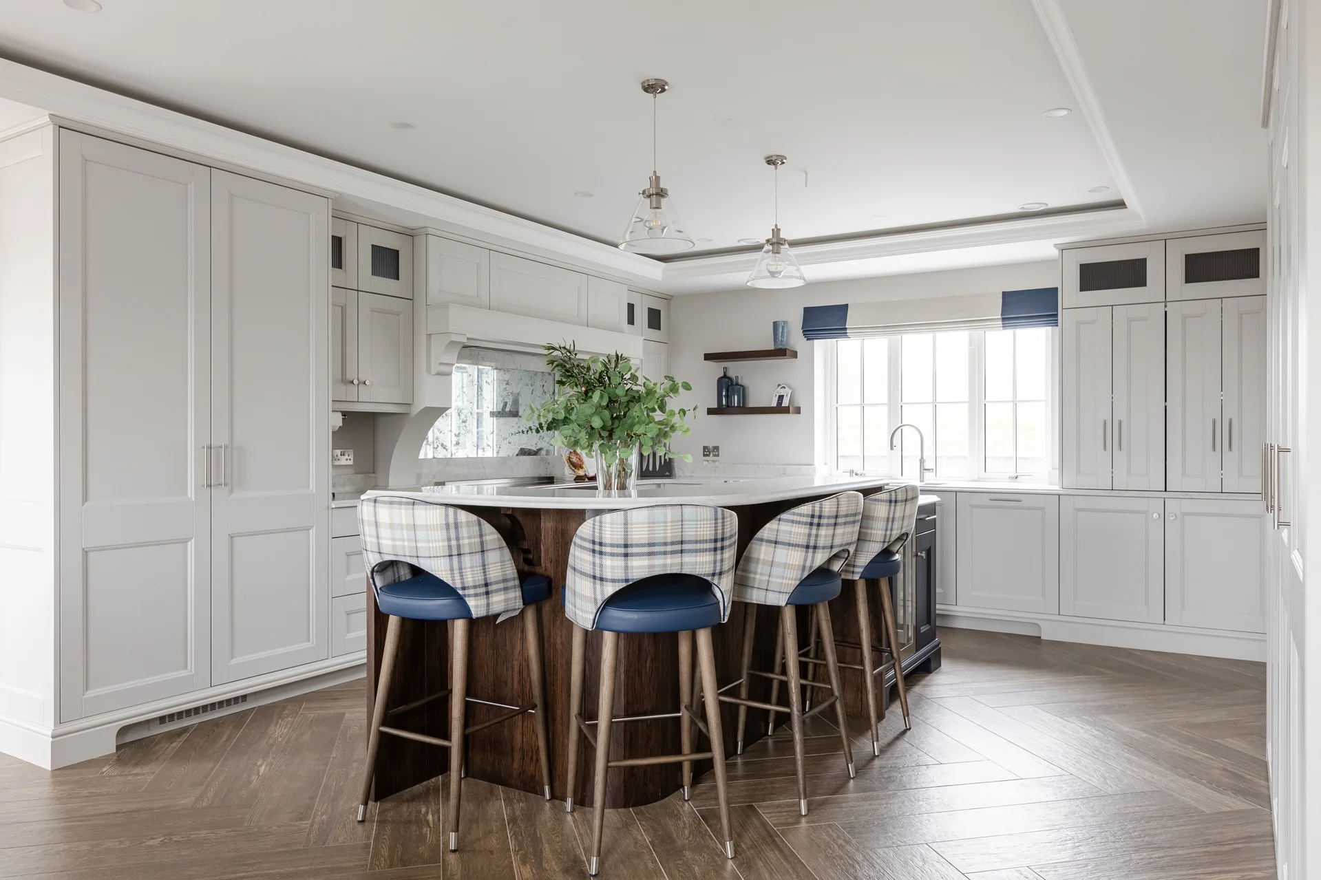 Classic Style Bespoke Kitchen with White Cabinets and Blue Accents Dorans