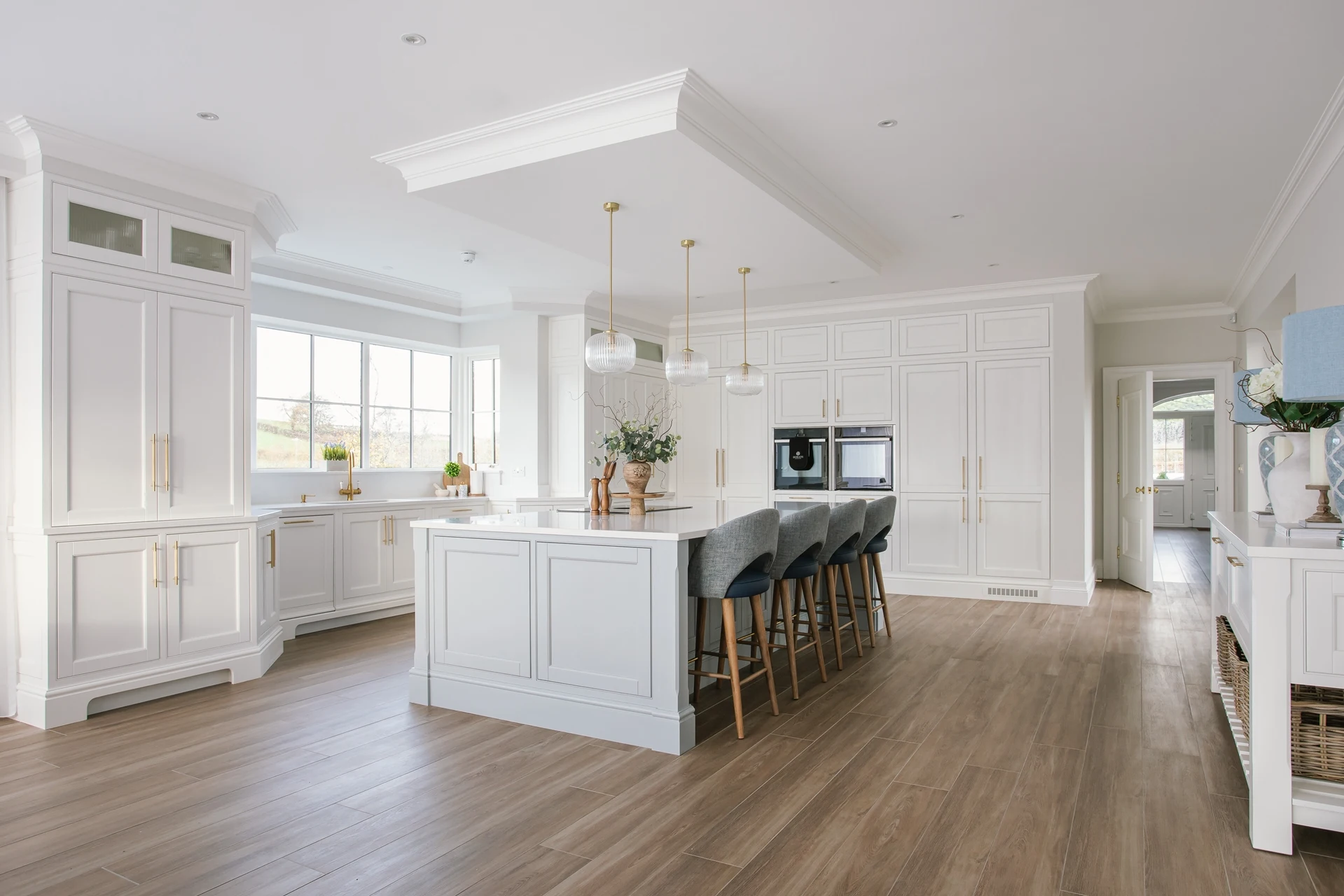 Georgian Kitchen with Noble Areti Bianco Quartz Island and Brass Knurled Handles Doran Kitchens