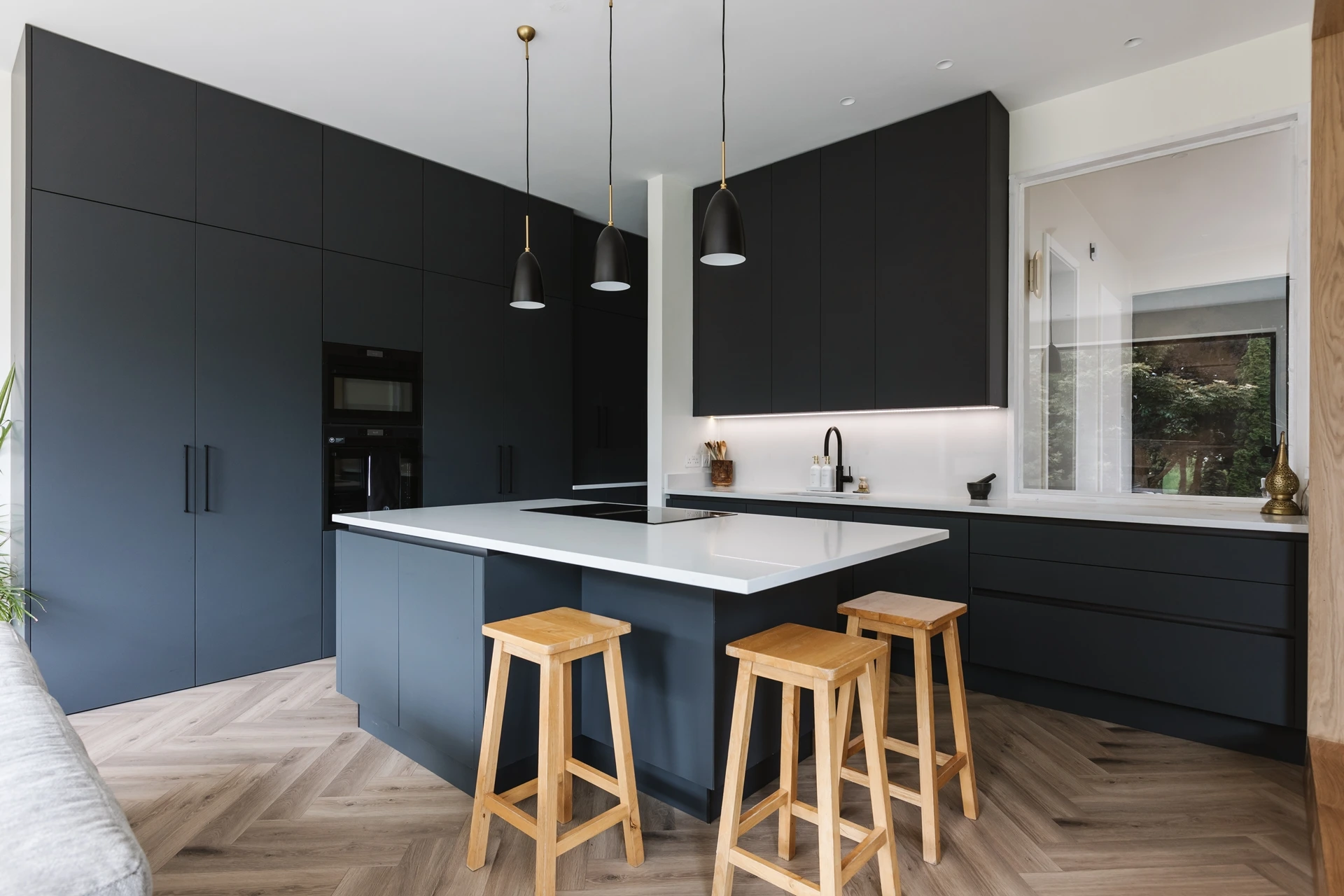 Contemporary Kitchen with High Ceiling with Matte Dark Grey Cabinets Dorans