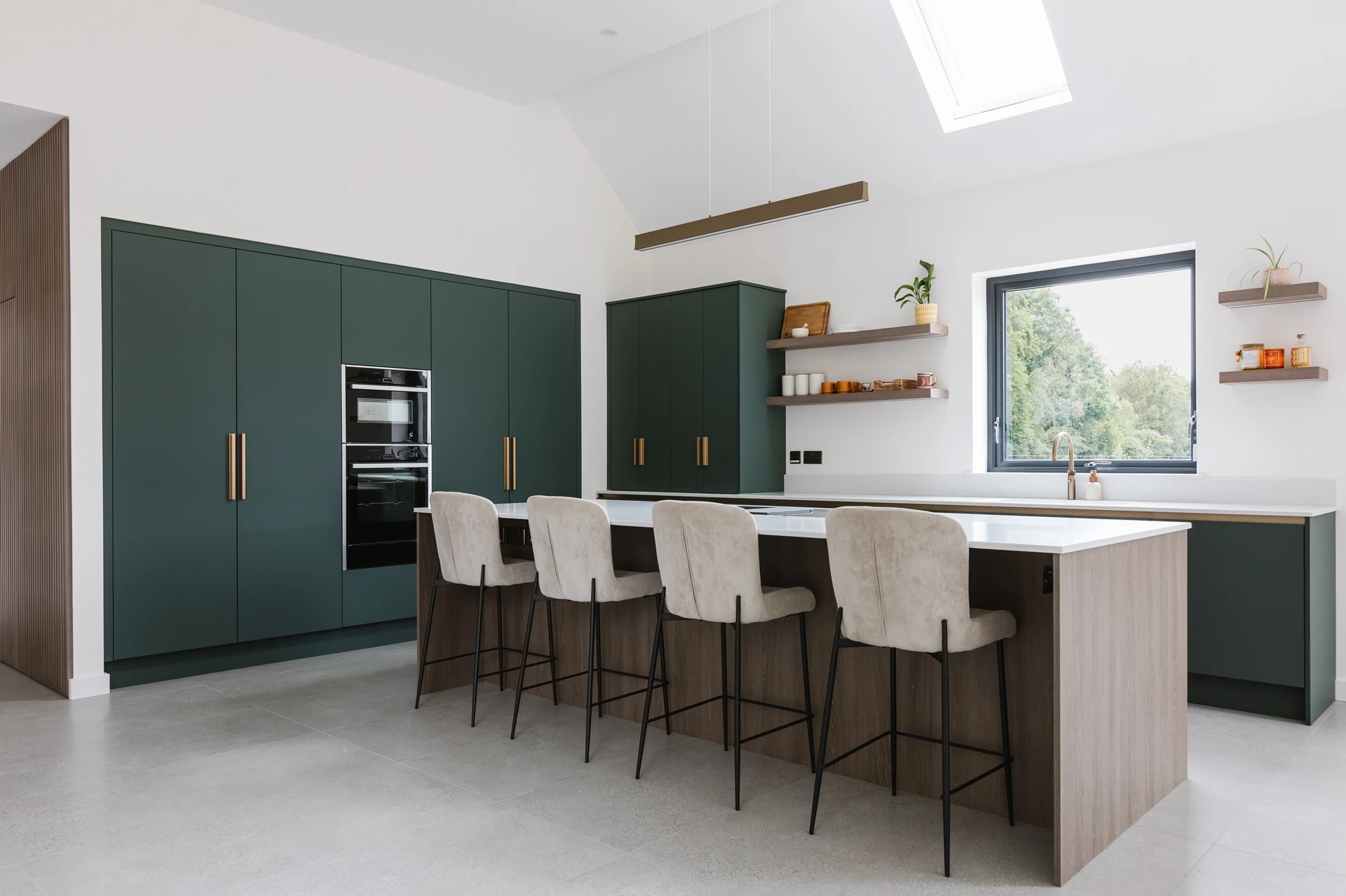 Super Matte Green Modern Kitchen and Quartz Island Doran Kitchens