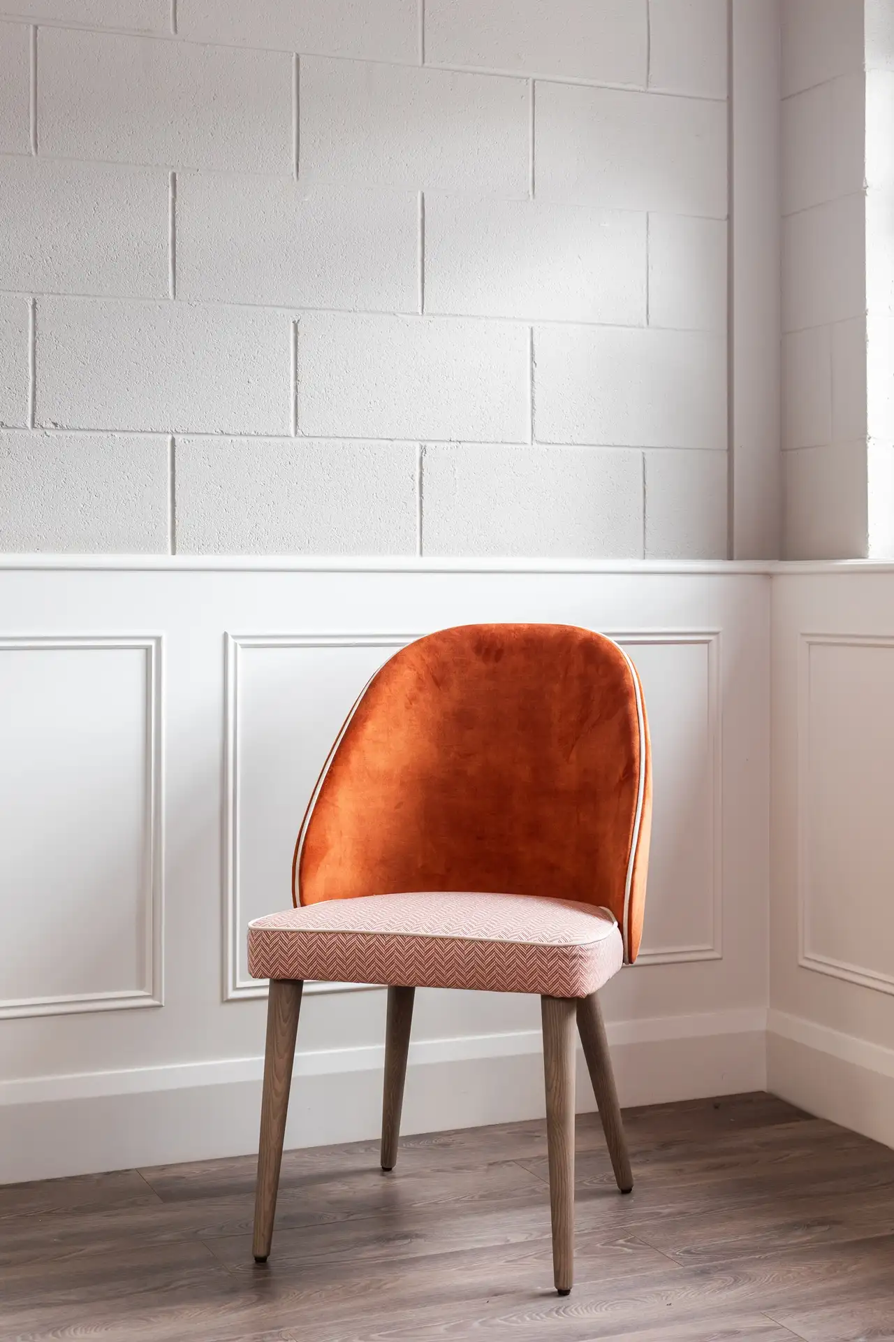 Custom Azure Dining Chair in Orange Velvet with Solid Wood Legs Dorans Furniture