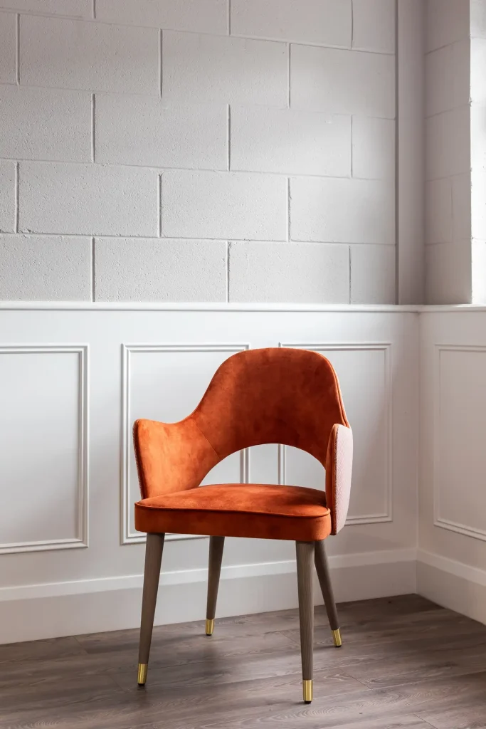 Bespoke Aurora Dining Chair with Orange Upholstery and Stained Wooden Legs Dorans Furniture