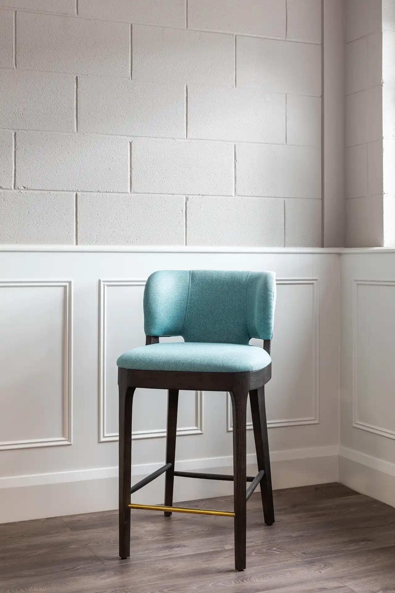 Bespoke Blue Fabric Solstice Bar Stool with Stained Solid Wood Legs Doran Furniture