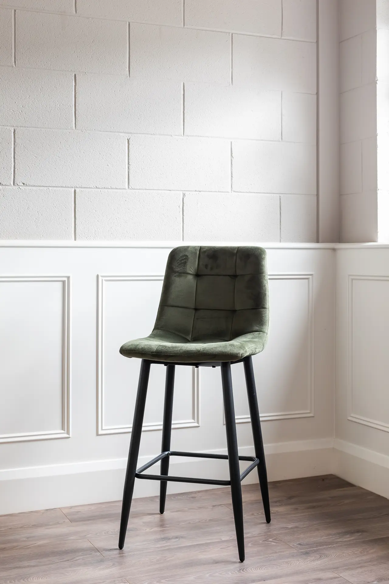 Premium Verona Bar Stool with Olive Green Velvet Seat Dorans Furniture