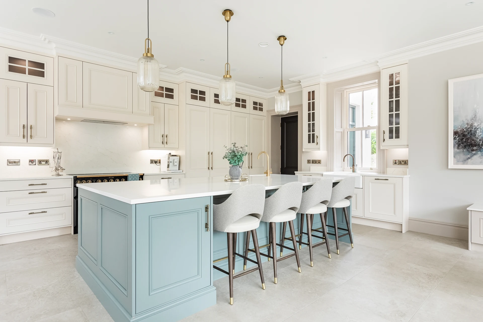 Classic Kitchen with Brooklime Blue Island and Seating Dorans