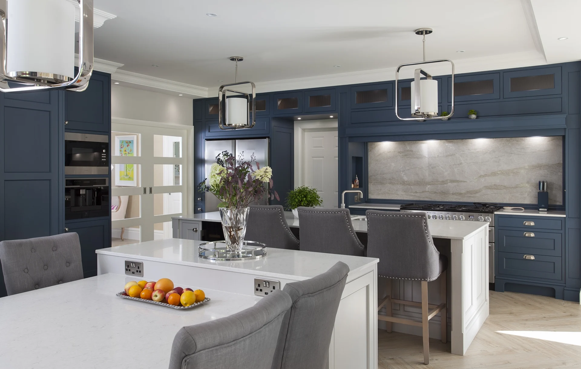 Classic Kitchen with Twin Cornforth White Islands and Snowy Ibiza Quartz Worktops Doran Kitchens