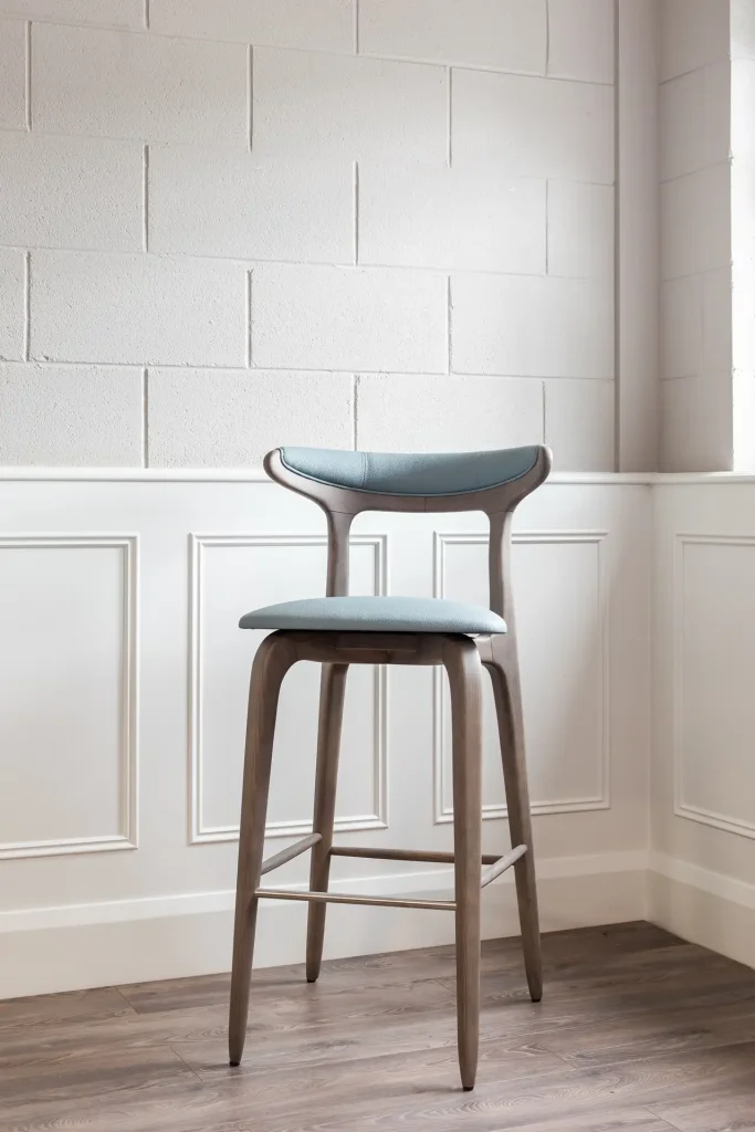 Premium Collection Nova Bar Stool with Light Blue Leather Seat and Solid Wood Legs Dorans Furniture