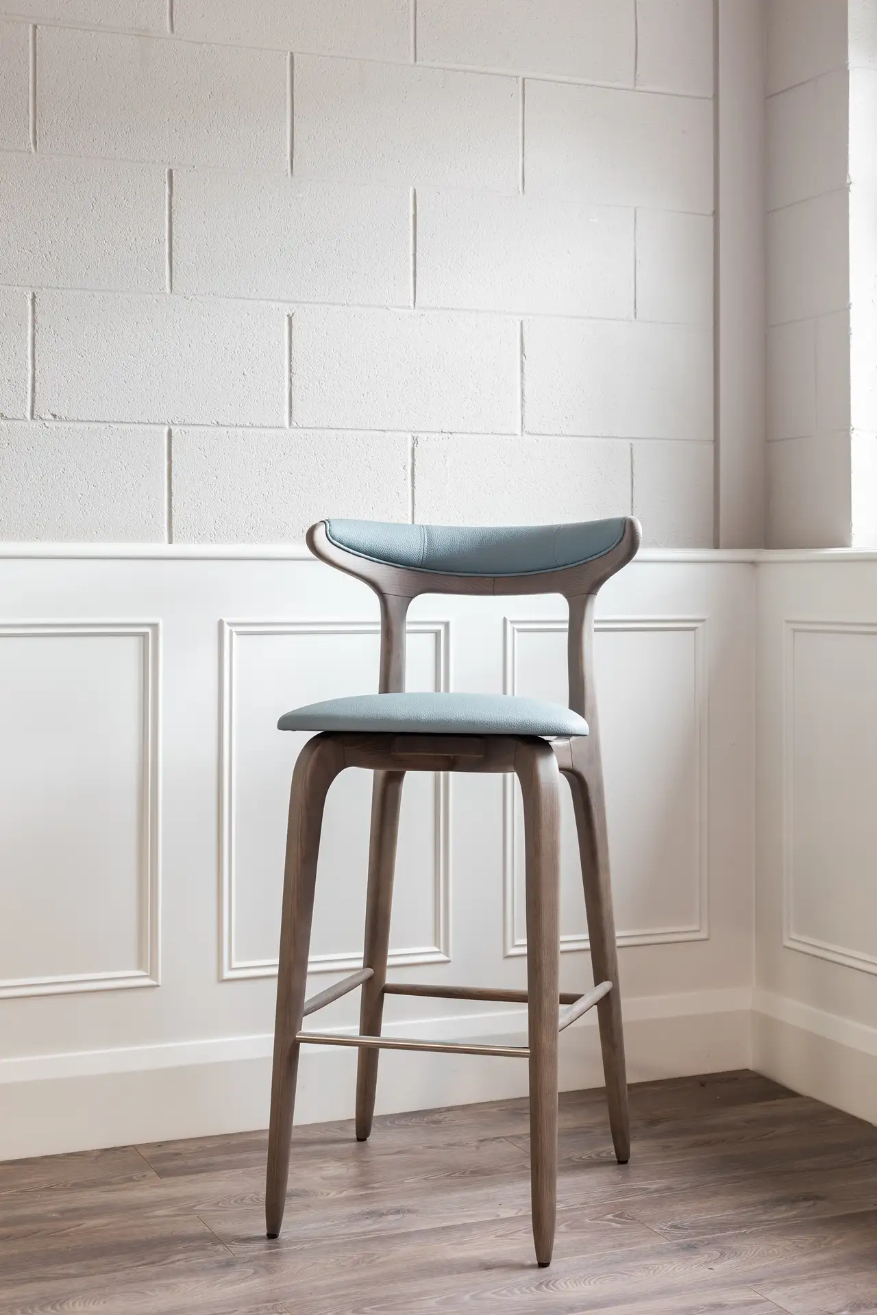 Premium Collection Nova Bar Stool with Light Blue Leather Seat and Solid Wood Legs Dorans Furniture