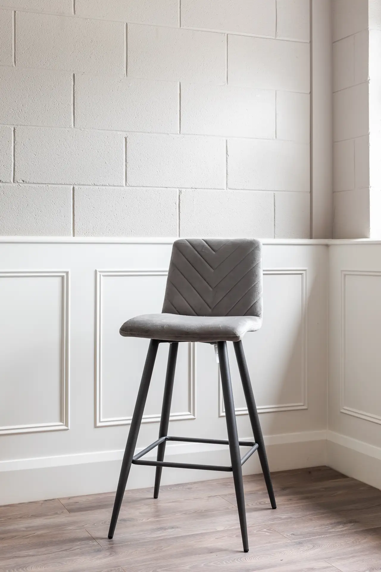 Premium Teramo Bar Stool in Grey Velvet with Chevron Pattern and Black Legs Dorans Furniture