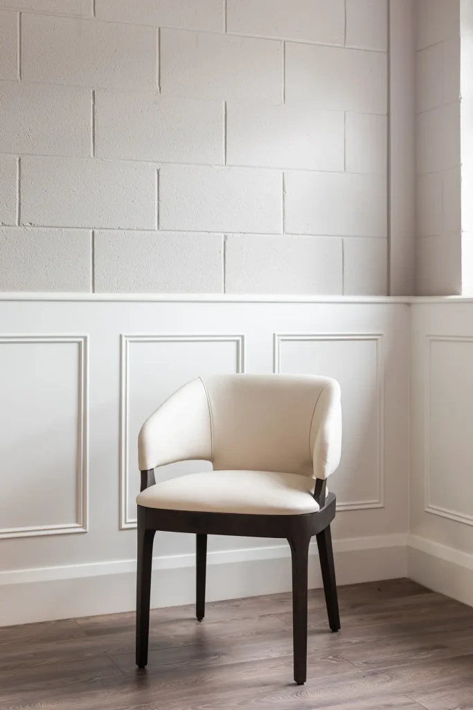 Custom Solstice Armchair with White Leather and Dark Stained Wood Legs Dorans Furniture