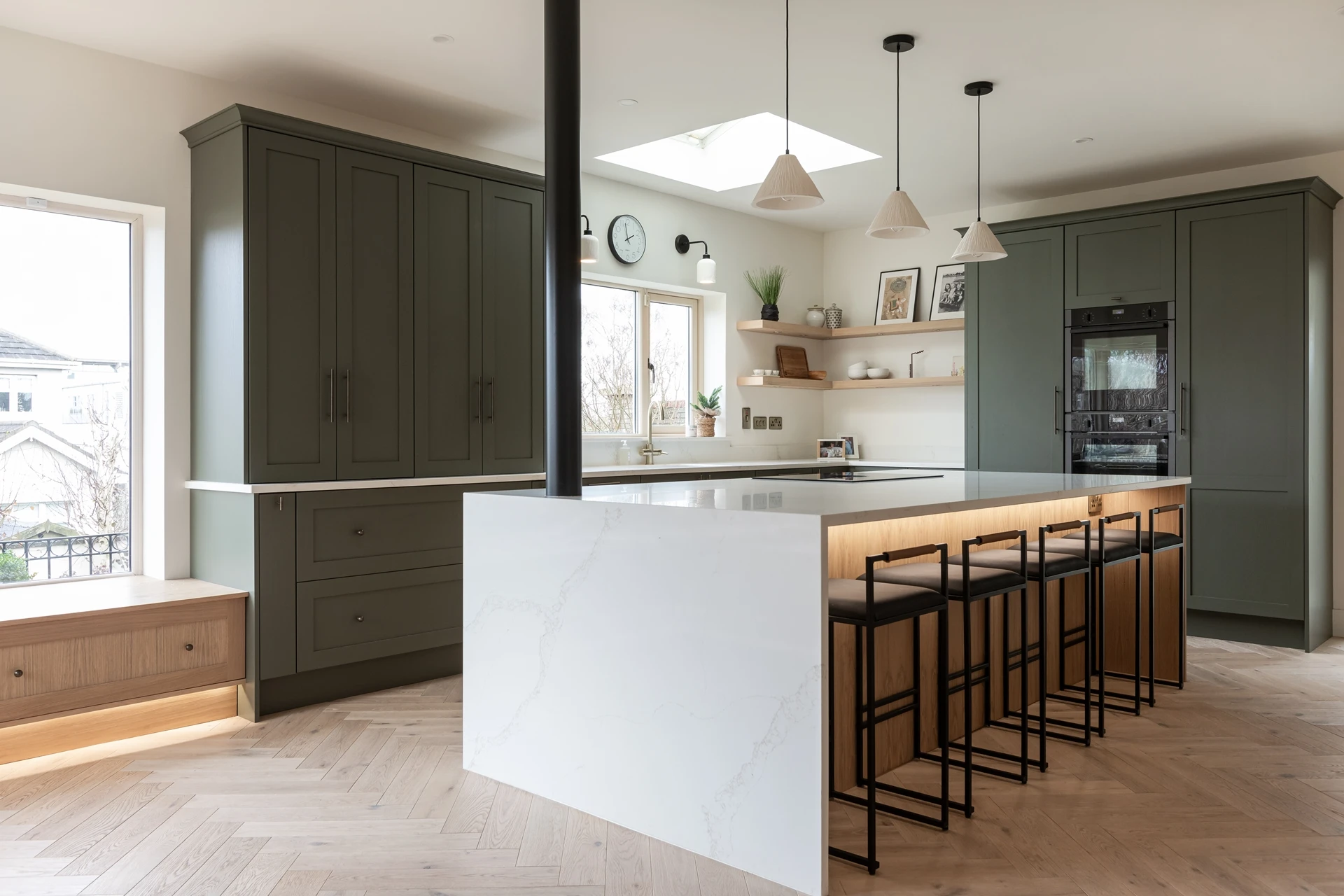 Contemporary Classic Kitchen with Deep Moss Green and Natural Oak Cabinetry Dorans